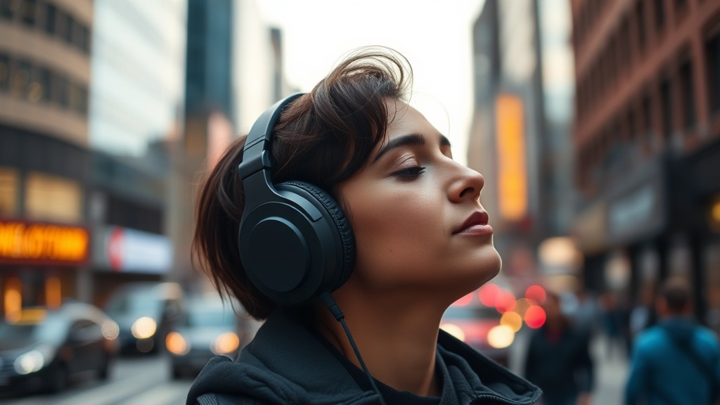 복잡한 도심 속에서 노이즈캔슬링 헤드폰을 쓰고 평온하게 음악을 감상하는 사람의 모습